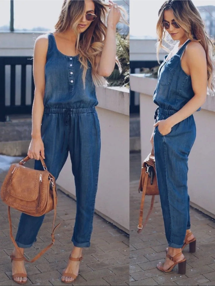 2025 Summer Denim Jumpsuit for Women – Sleeveless Button-Up Vest & Drawstring Pants | Slim Fit High Street Style