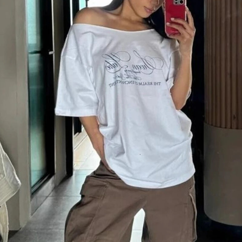 2025 Women’s Oversized One Shoulder T-Shirt – Casual Letter Print Streetwear Top | Relaxed Fit Fashion Tee