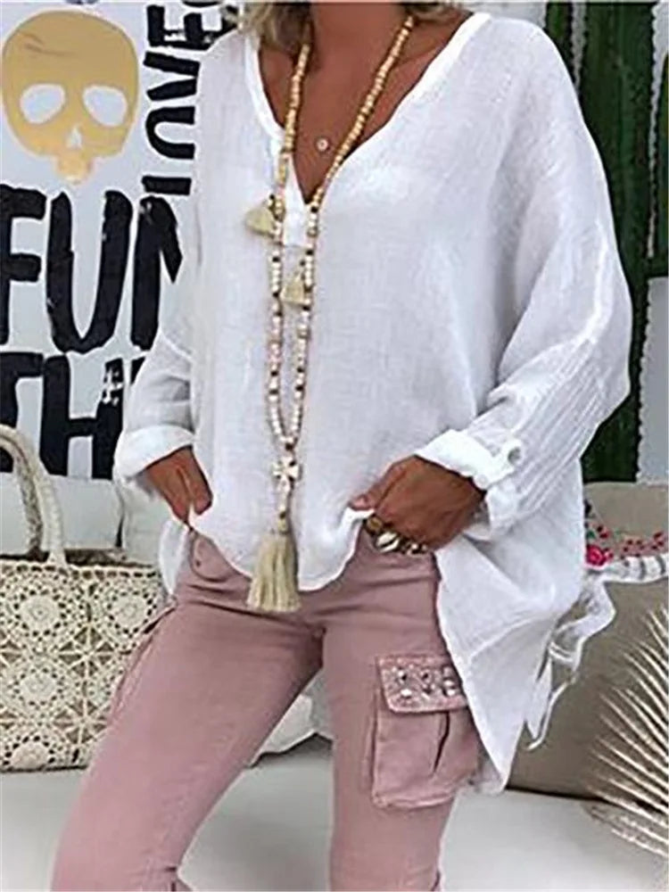 Women’s Casual V-Neck Loose Shirt – Solid Color Long Sleeve Blouse for Spring & Autumn | 6 Colors Available