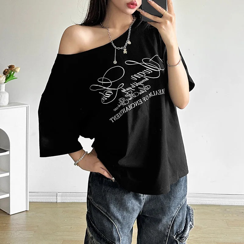 2025 Women’s Oversized One Shoulder T-Shirt – Casual Letter Print Streetwear Top | Relaxed Fit Fashion Tee