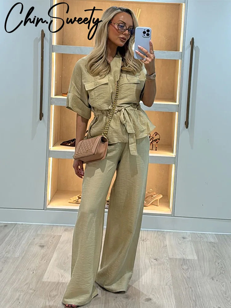 2025 Women’s Casual 2-Piece Set – Zipper V-Neck Pleated Lace-Up Top & Wide Leg Pants | Summer Loose Fit Suit
