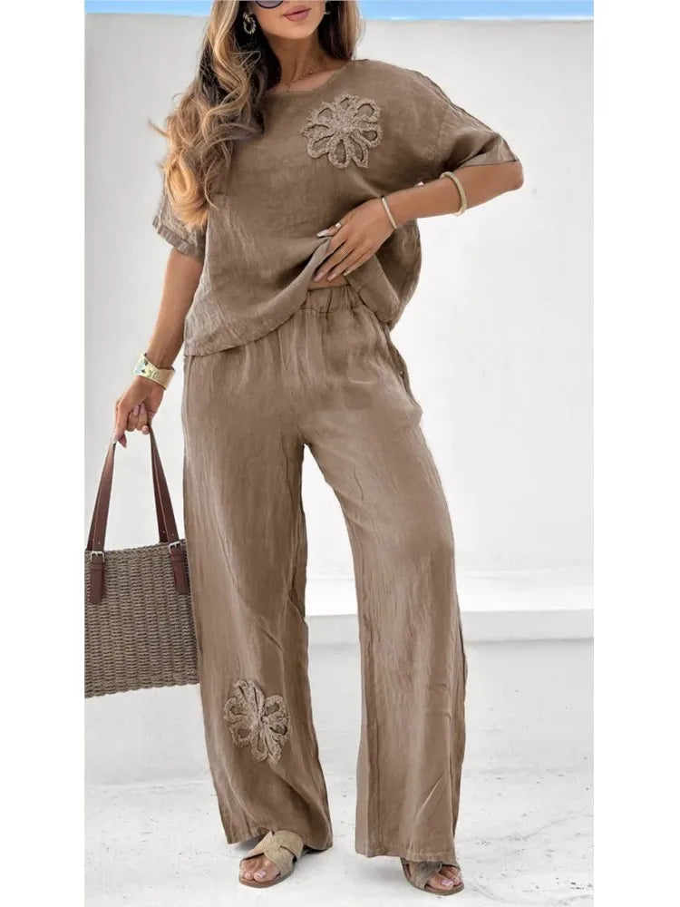 2025 Women’s Summer 2-Piece Set – Elegant Embroidered Crop Top & High Waist Loose Pants | Casual Office Outfit
