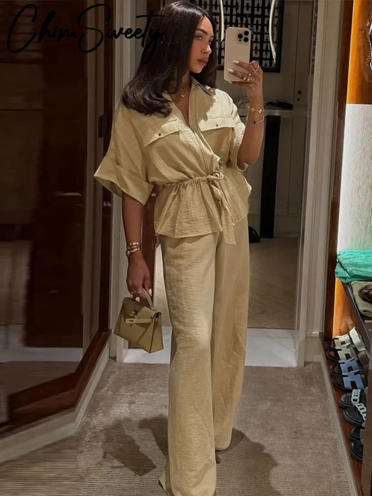 2025 Women’s Casual 2-Piece Set – Zipper V-Neck Pleated Lace-Up Top & Wide Leg Pants | Summer Loose Fit Suit