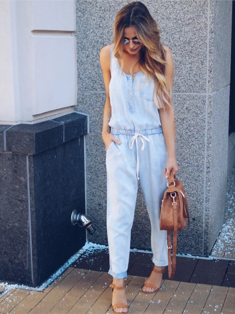 2025 Summer Denim Jumpsuit for Women – Sleeveless Button-Up Vest & Drawstring Pants | Slim Fit High Street Style