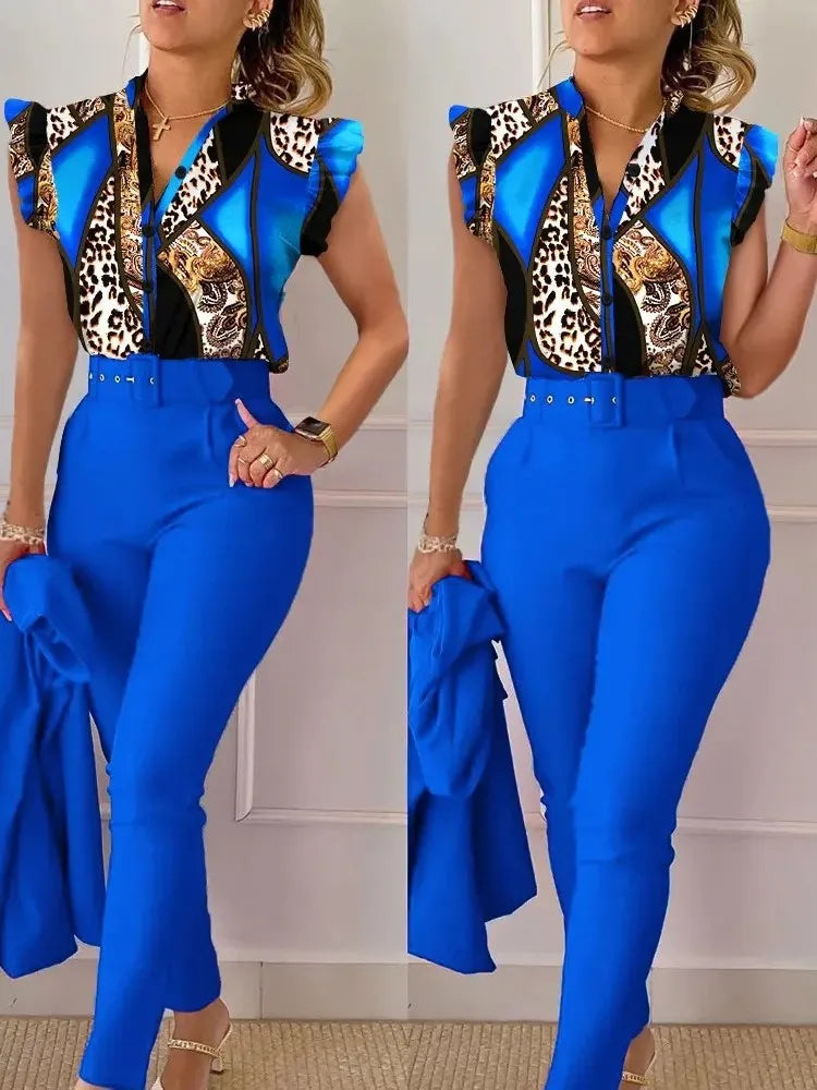 Women’s Elegant Summer 2-Piece Set – Slim Fit Printed V-Neck Flying Sleeve Top & Solid High Waist Pants with Belt | 2025 Fashion Suit