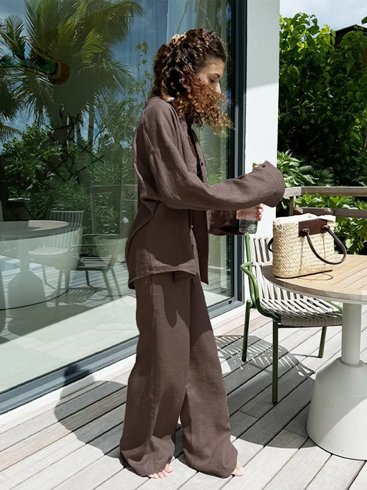 2025 Women’s Cotton Linen 2-Piece Set – Casual Loose Button Shirt & Pants Outfit | Summer Daily Chic Loungewear