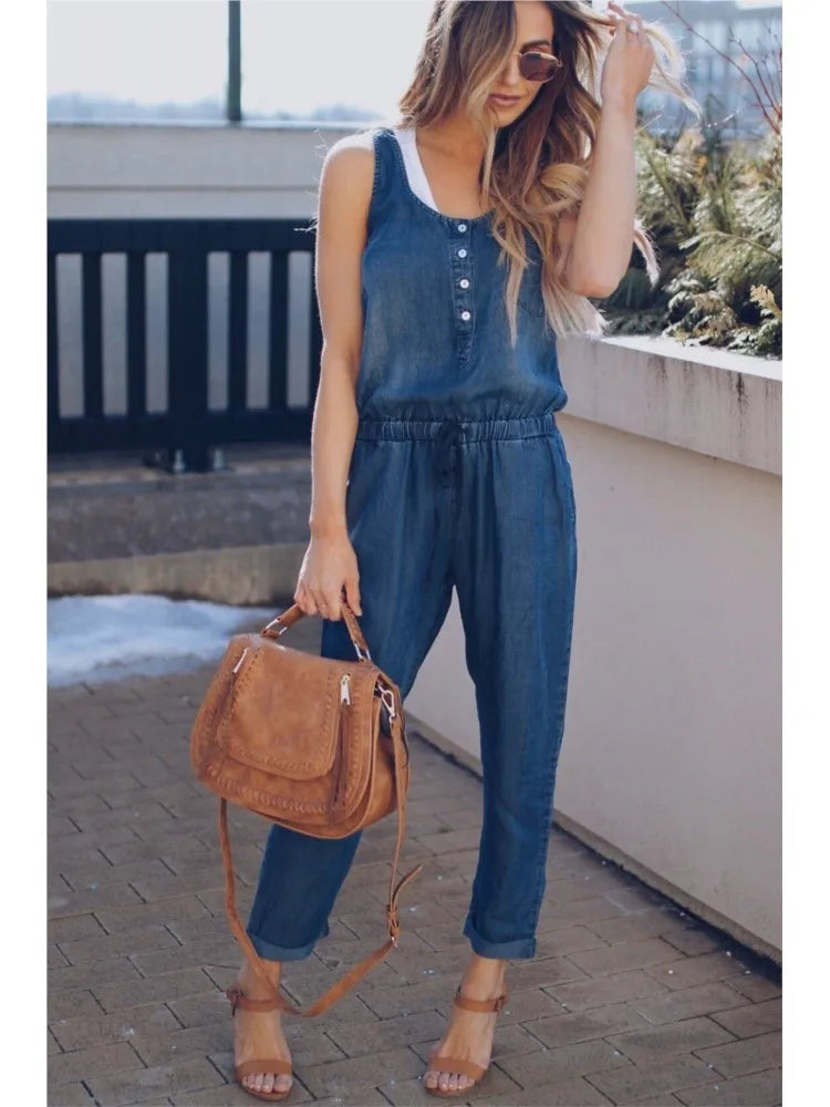 2025 Summer Denim Jumpsuit for Women – Sleeveless Button-Up Vest & Drawstring Pants | Slim Fit High Street Style