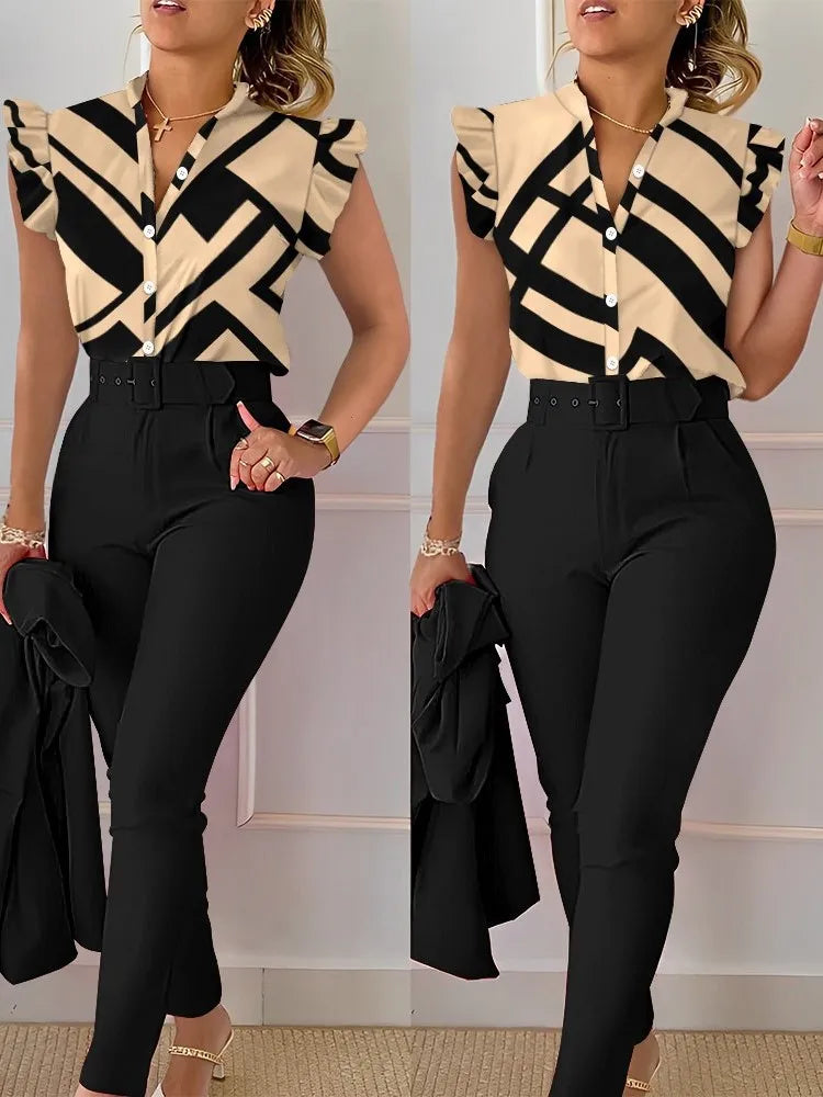 Women’s Elegant Summer 2-Piece Set – Slim Fit Printed V-Neck Flying Sleeve Top & Solid High Waist Pants with Belt | 2025 Fashion Suit
