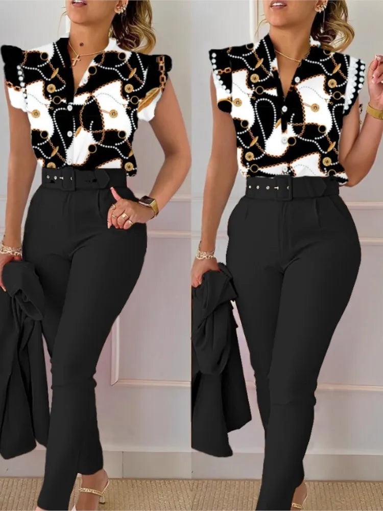 Women’s Elegant Summer 2-Piece Set – Slim Fit Printed V-Neck Flying Sleeve Top & Solid High Waist Pants with Belt | 2025 Fashion Suit