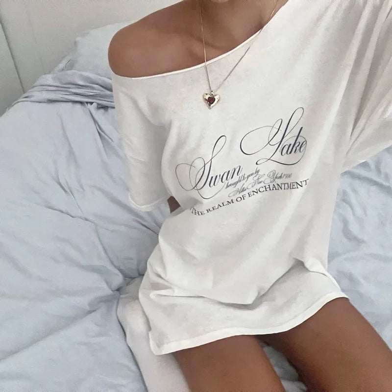 2025 Women’s Oversized One Shoulder T-Shirt – Casual Letter Print Streetwear Top | Relaxed Fit Fashion Tee