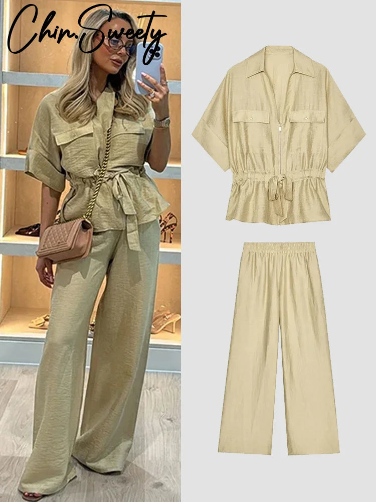 2025 Women’s Casual 2-Piece Set – Zipper V-Neck Pleated Lace-Up Top & Wide Leg Pants | Summer Loose Fit Suit