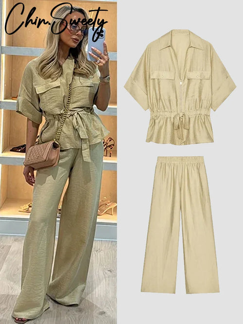 2025 Women’s Casual 2-Piece Set – Zipper V-Neck Pleated Lace-Up Top & Wide Leg Pants | Summer Loose Fit Suit